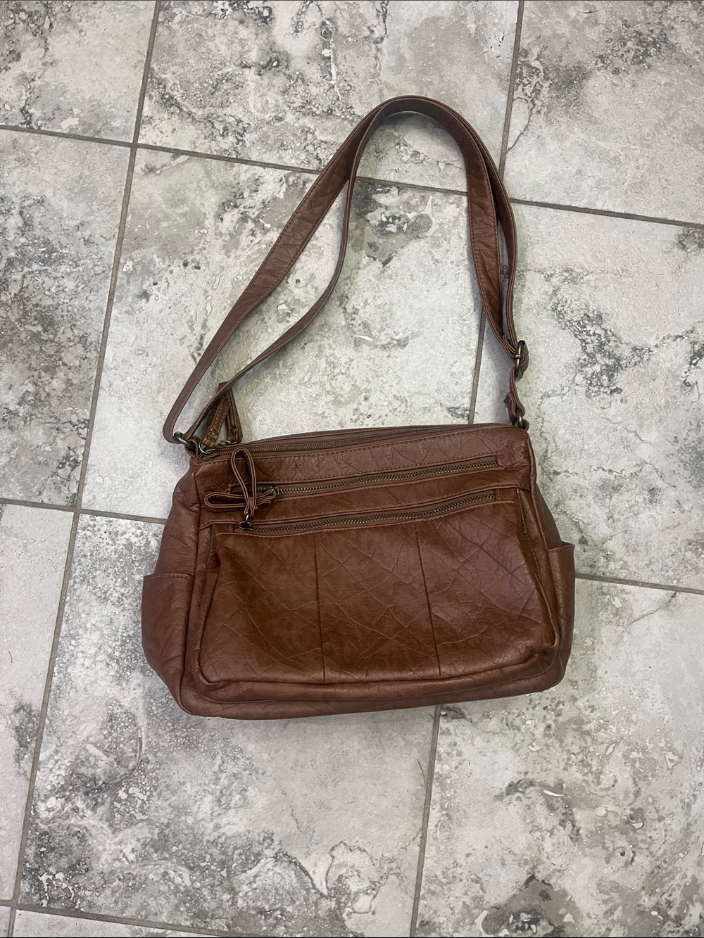 Bueno Brown Leather Shoulder Bag with Front Zip